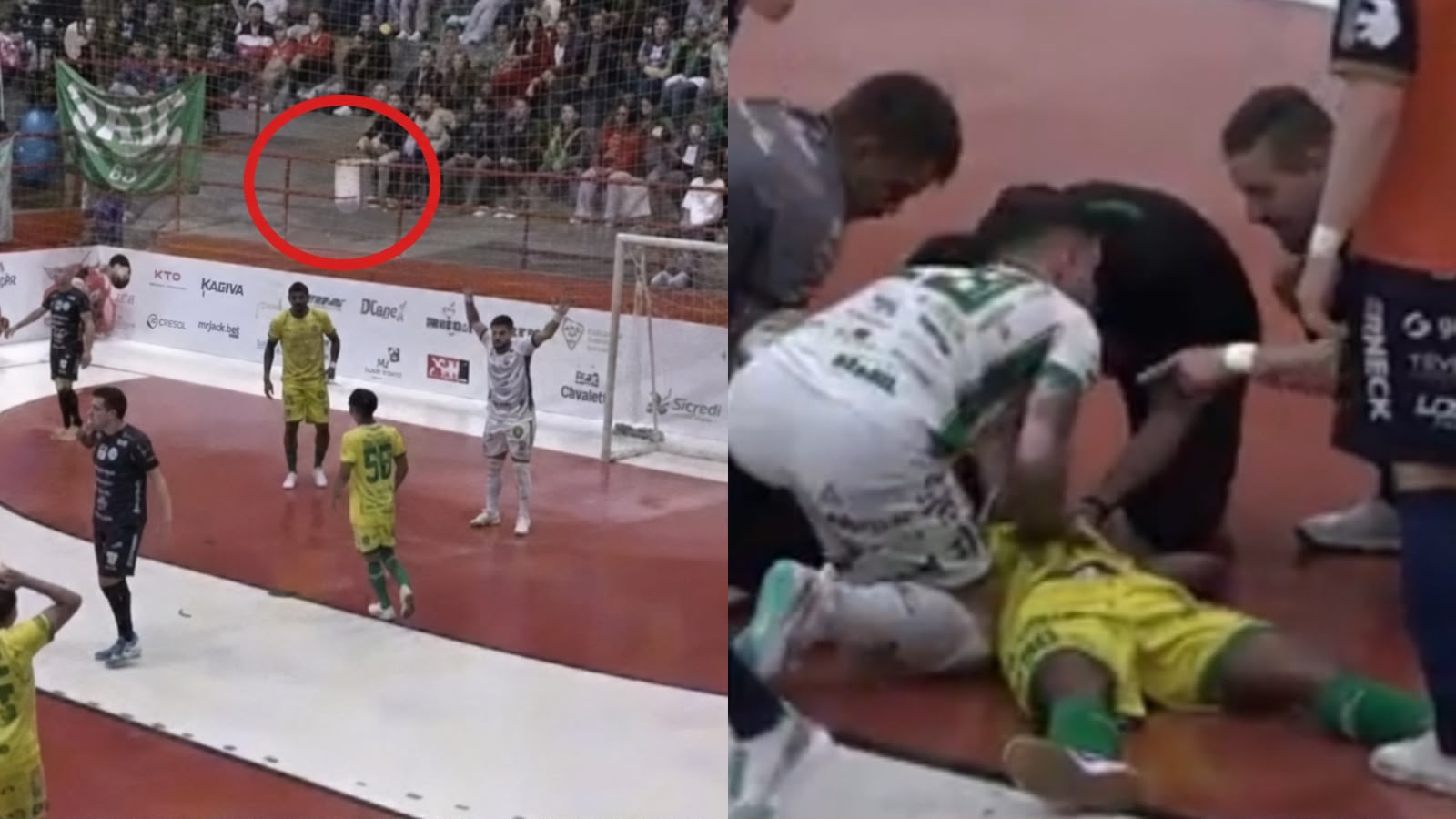 Jogador é atingido na cabeça por lâmpada durante partida do Catarinense de Futsal; VÍDEO