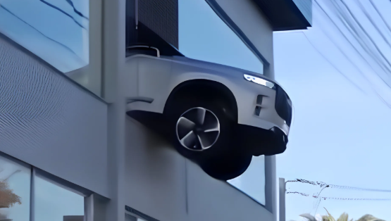 Carro fica pendurado no segundo andar de loja em Porto Alegre