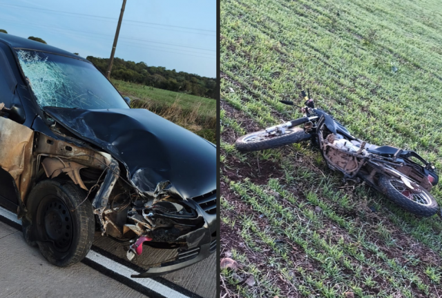 Colisão frontal entre carro e moto deixa jovem ferido na SC-305, em Campo Erê