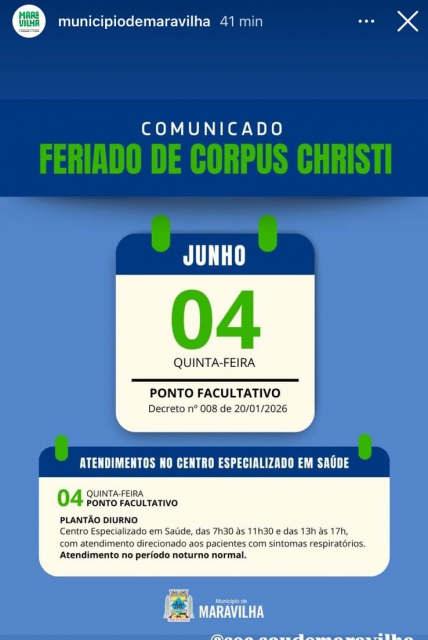 Prefeitura de Maravilha divulga como será o atendimento no Centro Especializado em Saúde nesta quinta-feira (4)