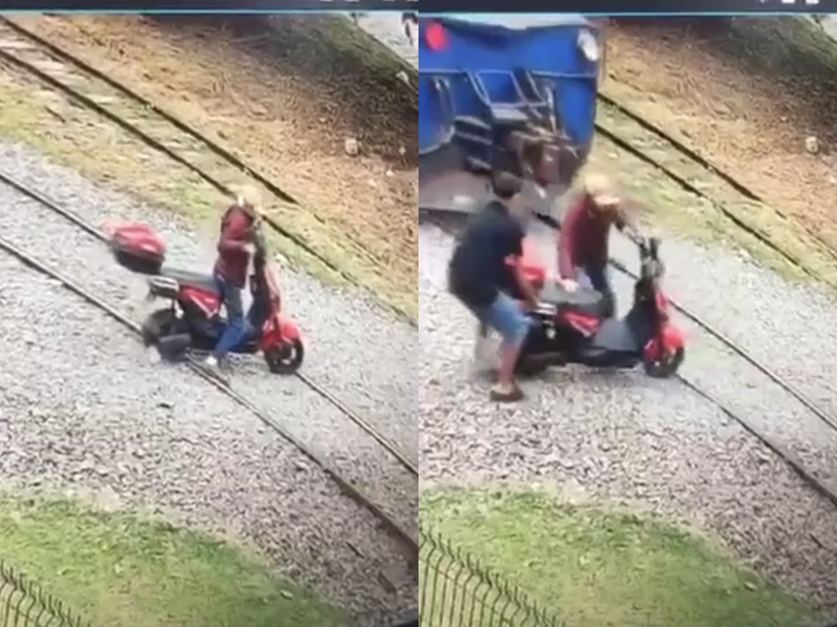 “Como conseguiu?”: condutor “empaca” moto elétrica em trilho e faz trem frear às pressas em SC