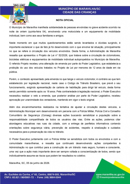 Prefeitura de Maravilha se manifesta após acidente fatal e esclarece regulamentação de autopropelidos
