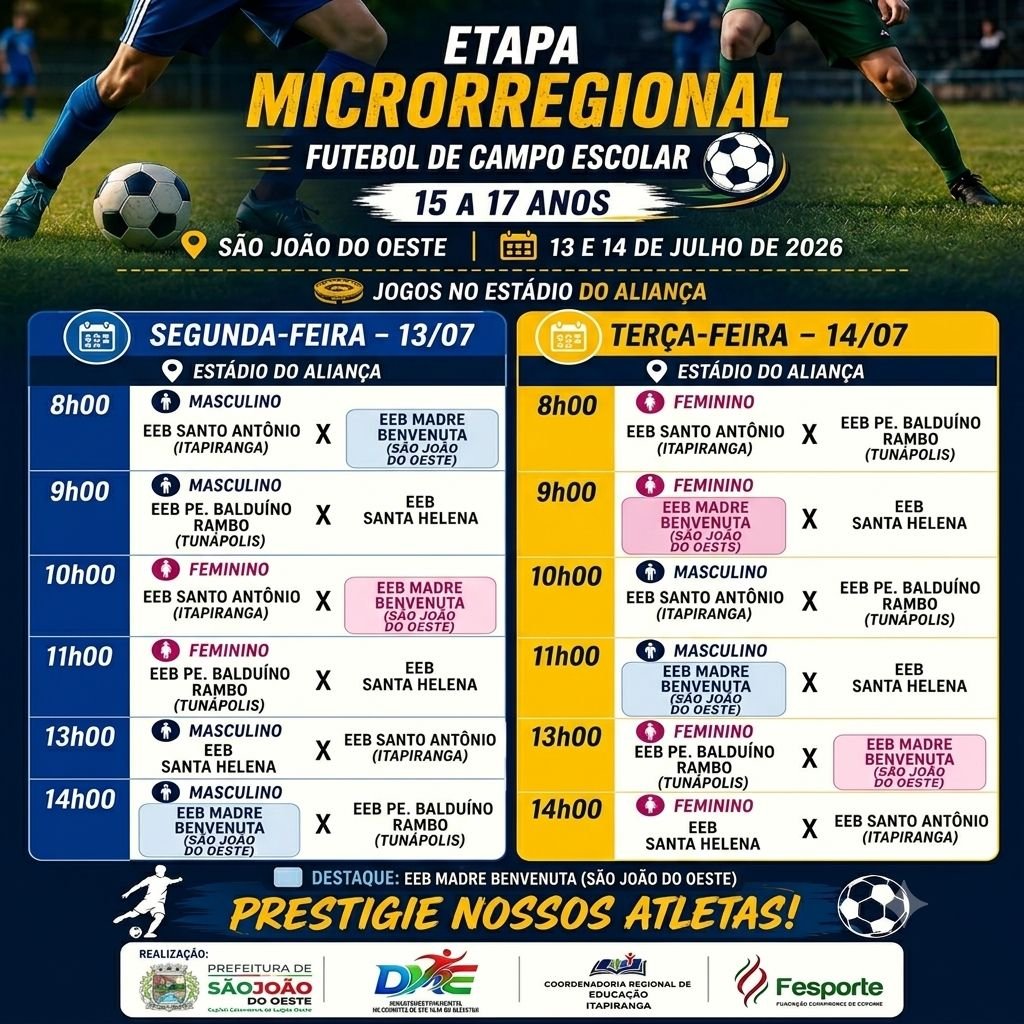São João do Oeste recebe etapa microrregional do futebol de campo escolar nesta segunda e terça-feira