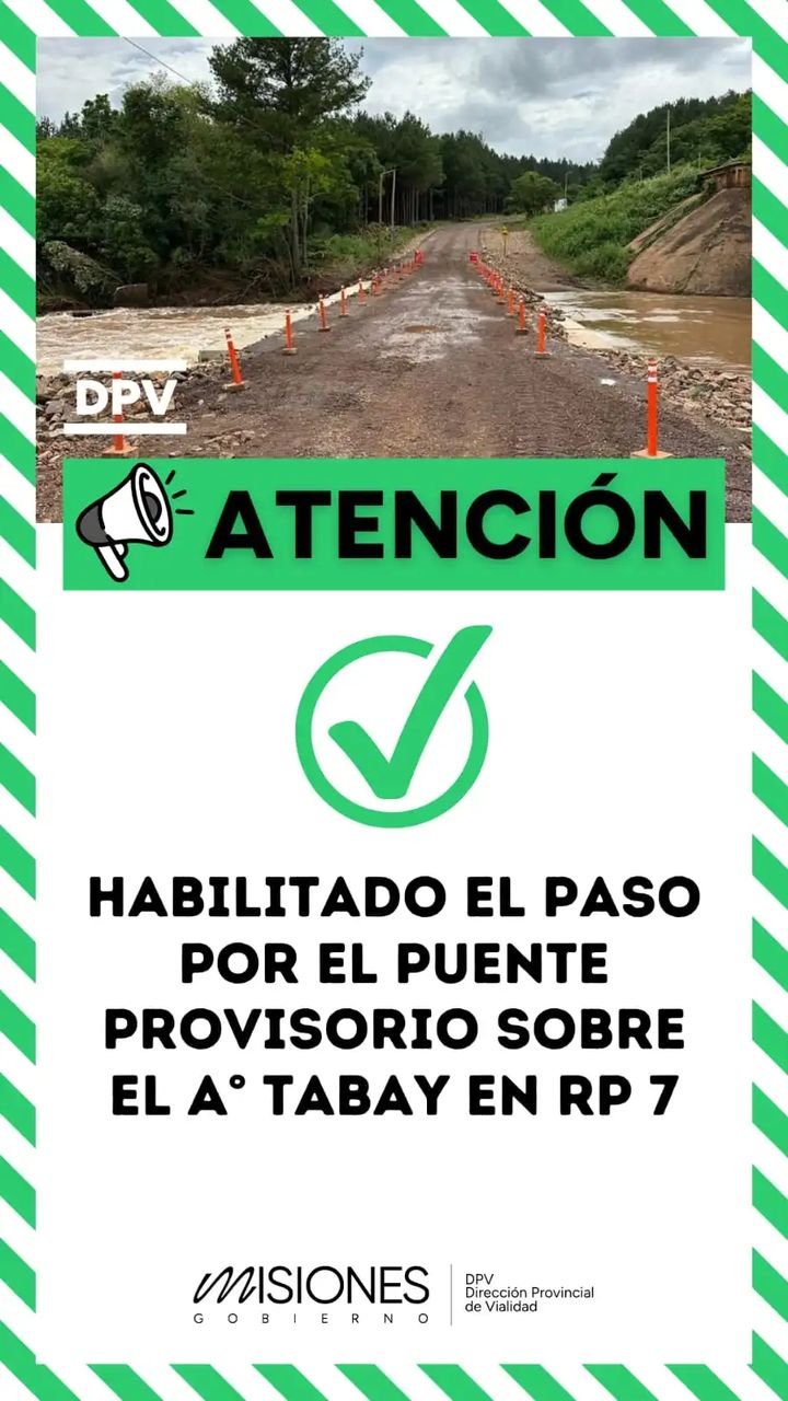 Habilitaron el tránsito para vehículos livianos sobre el puente del arroyo Tabay en la ruta provincial 7