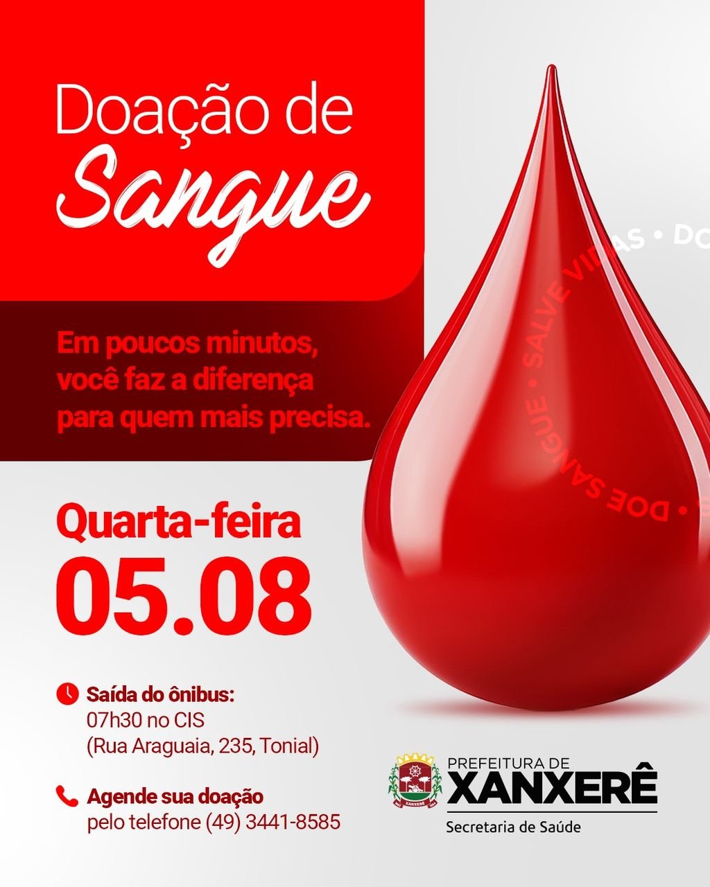 Xanxerê promove ação de doação de sangue em parceria com o Hemosc de Chapecó