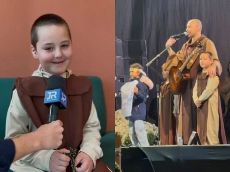 Vestido de frei, menino de 5 anos encara 20 horas de espera e é chamado ao palco por Frei Gilson em Navegantes