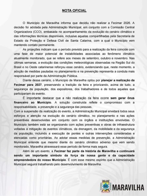 Prefeitura de Maravilha anuncia cancelamento da Fecimar 2026