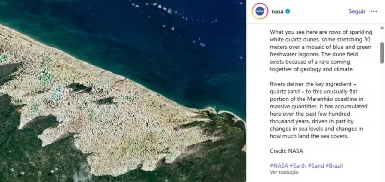 NASA destaca Lençóis Maranhenses como 'deserto feito de água' em nova imagem