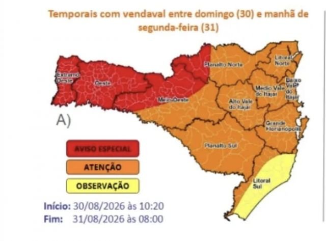 SC segue sob alerta para chuva intensa e temporais; acumulados podem chegar a 200 mm