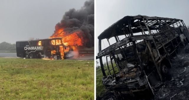 Ônibus de banda gaúcha pega fogo na BR-376 em Balsa Nova, PR