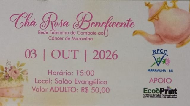 Chá Beneficente da Rede Feminina de Combate ao Câncer de Maravilha será no dia 3 de outubro