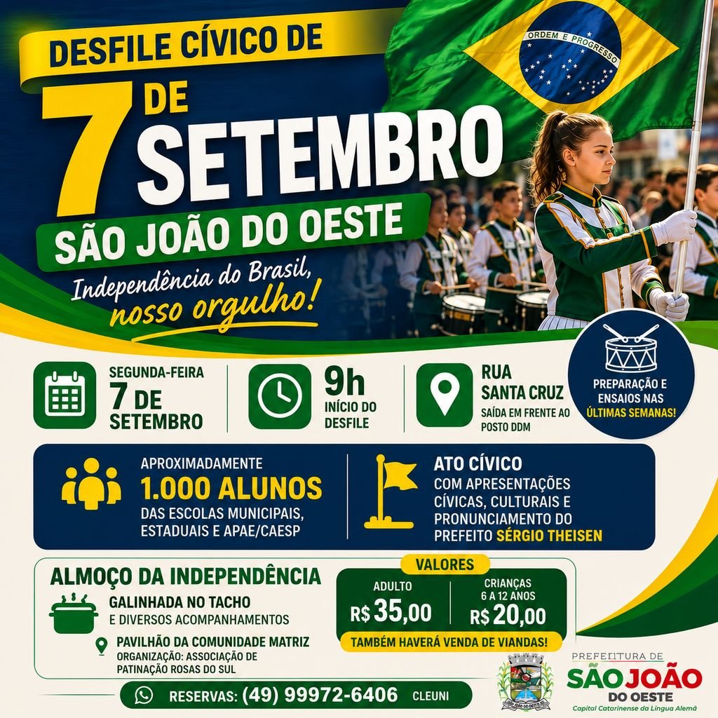 Sete de Setembro terá desfile e programação especial em São João do Oeste