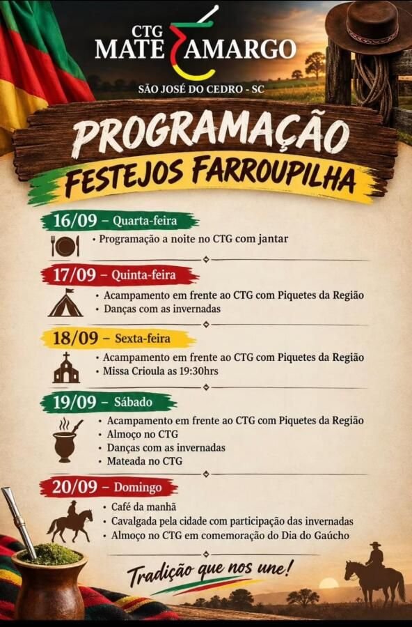 CTG Mate Amargo inicia programação da Semana Farroupilha em São José do Cedro