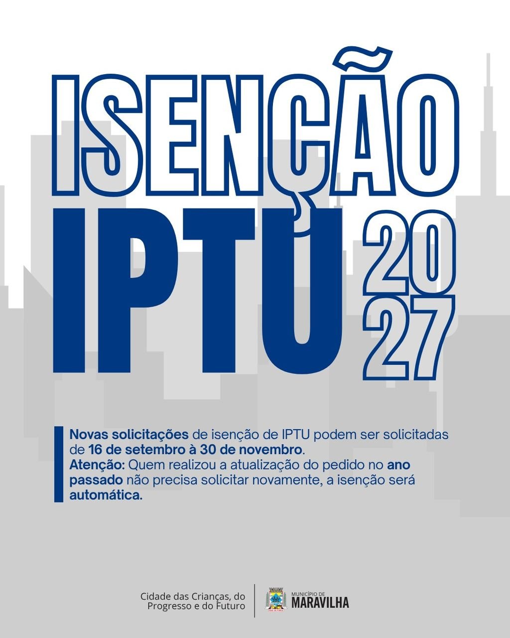 Período para solicitação de novas isenções do IPTU 2027 inicia hoje