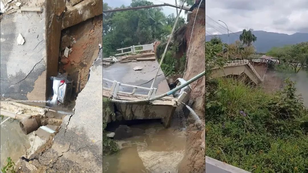 Ponte desaba em Canelinha e carro cai junto com a estrutura
