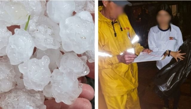 Temporal com granizo danifica casas e bloqueia rodovia em Campo Erê
