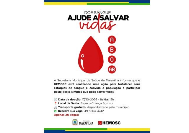 Maravilha oferece transporte gratuito para doadores de sangue ao Hemosc em 17 de outubro