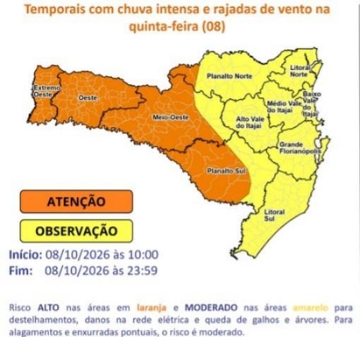 Santa Catarina enfrenta temporais com granizo e ventos fortes entre 8 e 9 de novembro