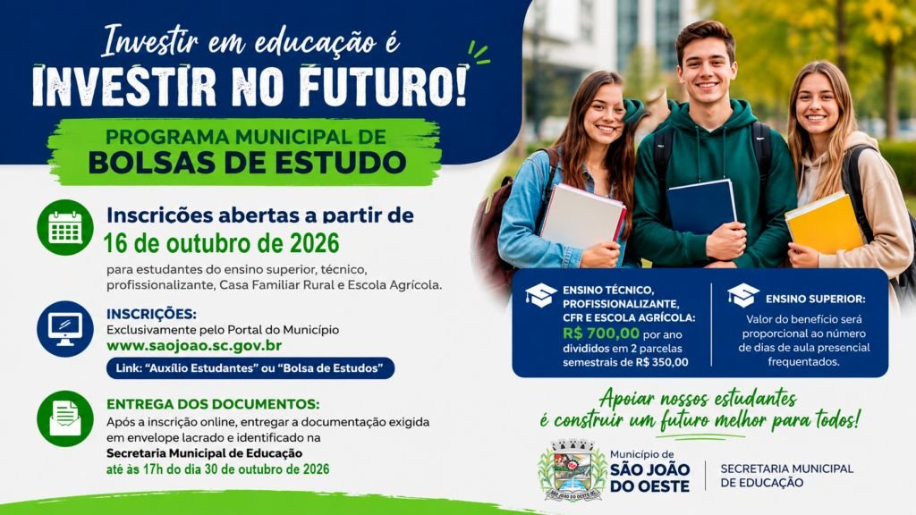 Prefeitura de São João do Oeste oferece bolsas de estudo de R$ 350,00 para 2026