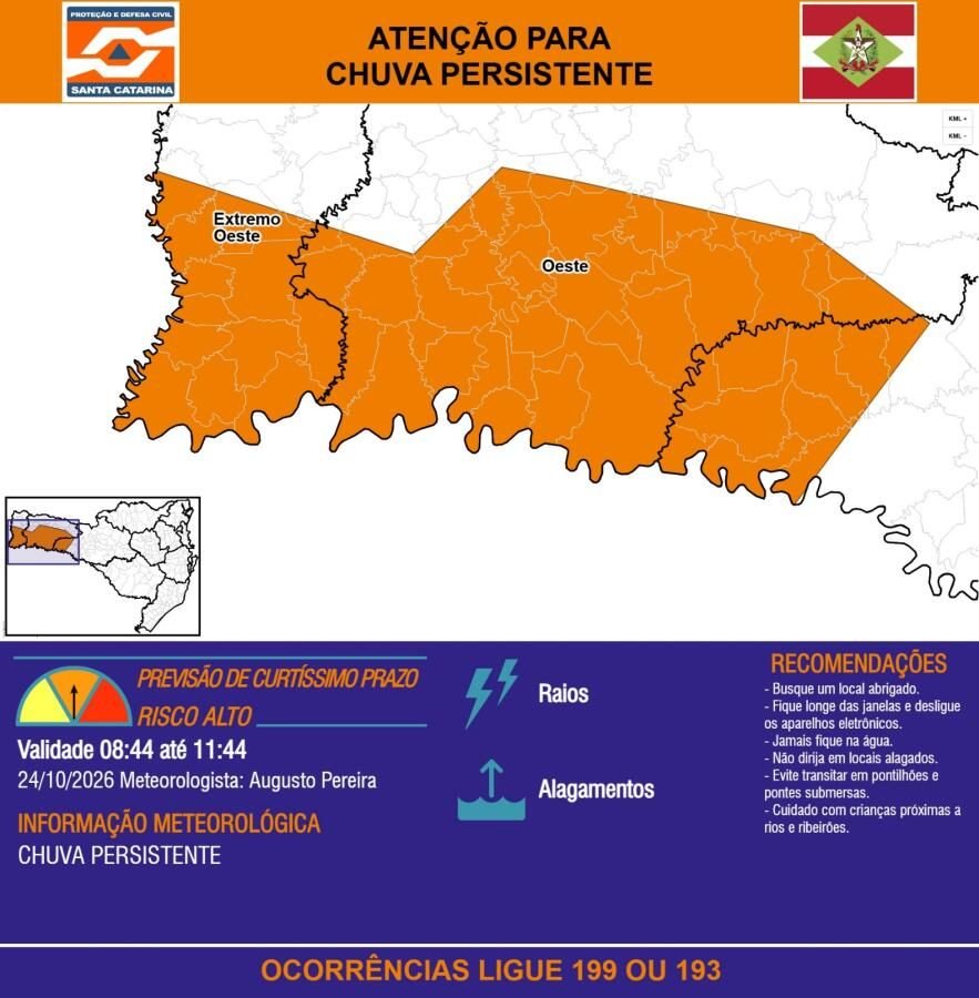 Defesa Civil alerta para chuvas intensas e riscos durante o segundo turno em SC